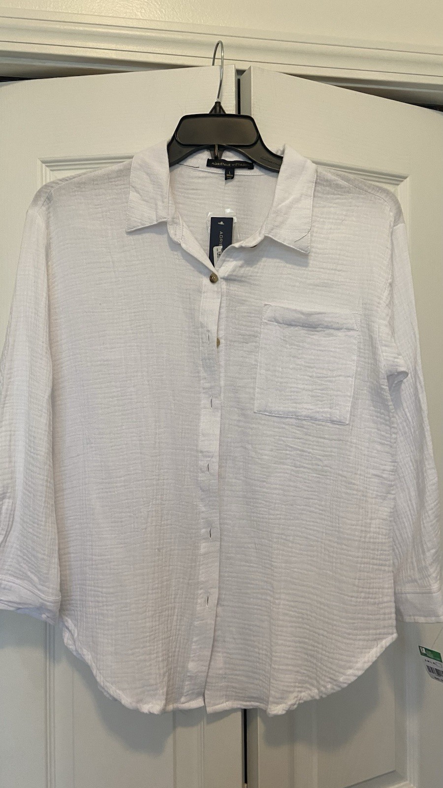 Adrienne Vittadini Woven Cotton Collared Button-Up White Blouse 3/4 Sleeve L