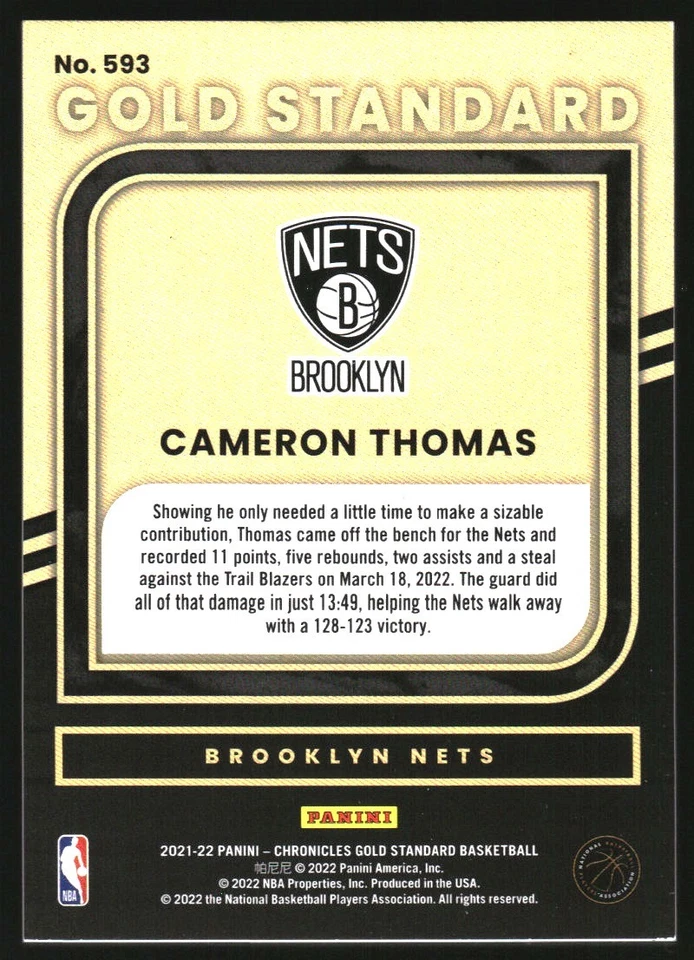 2021-22 Panini Chronicles #593 Cameron Thomas Gold Standard /99 - Image 2 of 2