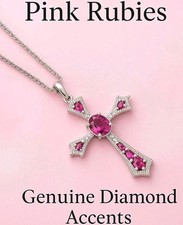 Pink Rubies With Genuine Diamond Accents 925 St. Silver Crucifix Cross Necklace