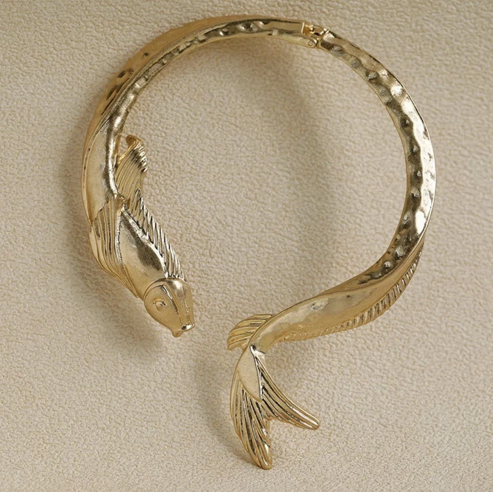 Collar Pescado Zara Oro Sirena Koi Boho Carpa Gargantilla Collar Antiguo Declaración Foto 4 de 4