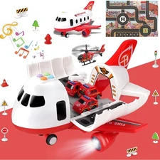 Airplane Toy Set with Fire Truck Cars Play Mat Lights Sounds for Kids 3-6