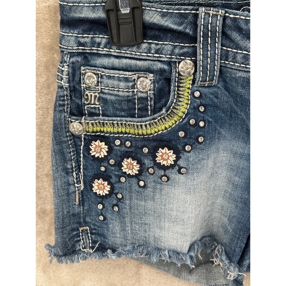 Pantalones Cortos Miss Me Mujer 26 Lavado Oscuro Floral Bordado Adornado Boho Festival Foto 3 de 4