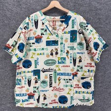 Winnie Fashion Scrub Top Women XL White Geometric V-Neck Short Sleeve Cotton