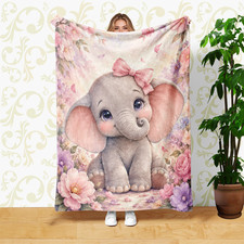Pink Bow Elephant Floral Coral Fleece Blanket Watercolor Decor
