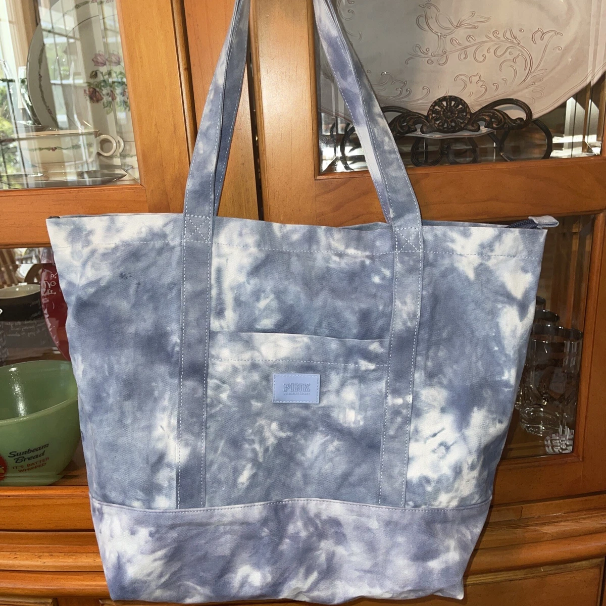 Victoria's Secret PINK Cotton Canvas Duffle Beach Bag Tote Blue Tie Dye New.
