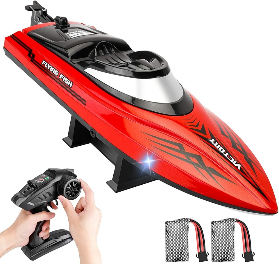 OBEST - Bateau RC 2,4GHz Avec Lumières LED - Double Hélice, 80 M De Portée - 2 Batteries - Étanche - Pour Piscine, Lac, étang