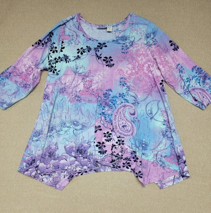 COLLECTIONS ETC Women's Top XXL Sharkbite Floral Sequin  3/4 Sleeve Blue / Pink