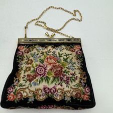 Vintage Purse Floral Clutch Needlepoint Kiss Snap Closure GoldTone Strap Roses