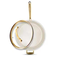 14 in. Aluminum Ceramic Nonstick Frying Pan in Cream with Lid and Gold Handle