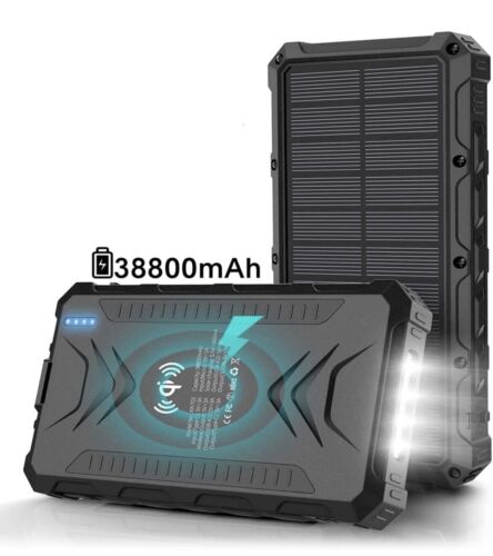 Solar Power Bank Fast Charger 38800mAh, Qi Wireless Charger - Black - Picture 1 of 7