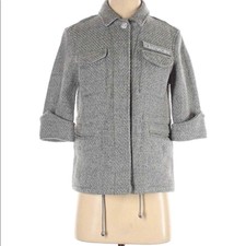 Earth Grey Wool Flower 3/4 Sleeve Cinch Waist Pockets Button Jacket Small