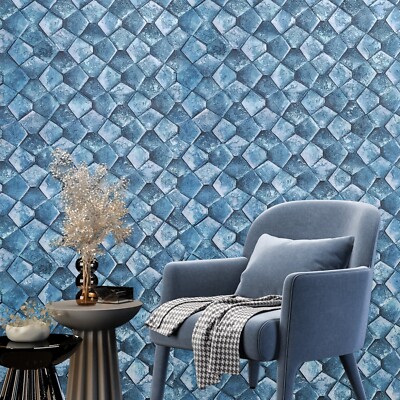 Embossed blue faux dragon scales plaster tile textured modern wallpaper rolls 3D