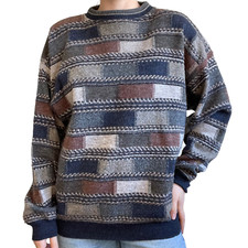 Vintage 80s Unisex Oversized Italian Geometric Crewneck Grandpa Sweater Sz L