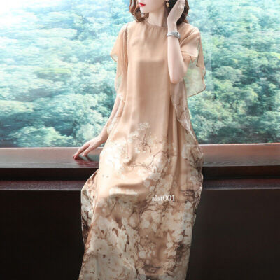 Chiffon Printed Dress Women's Summer Loose Large Size 100% Mulberry Silk  Skirt | eBay