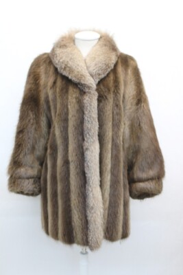EXCELLENT BROWN BEAVER & CRYSTAL FOX FUR COAT JACKET WOMEN WOMAN SIZE 4-6 SMALL