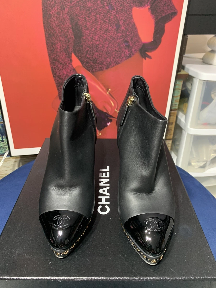 Chanel CC Logo Pearl Accents Calfskin Combat Ankle Boots