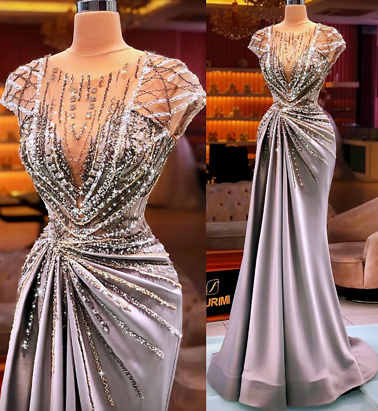 Plus Size Arabic Aso Ebi Silver Mermaid Luxurious Prom Dresses Sheer Neck  Beaded | eBay