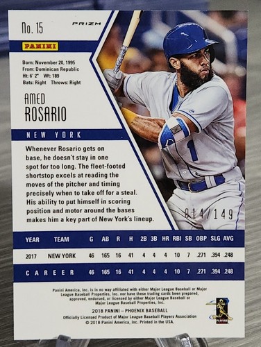 Amed Rosario 2018 Panini Chronicles Phoenix Blue /149 Rookie #15 Mets/Yankees - Picture 2 of 2