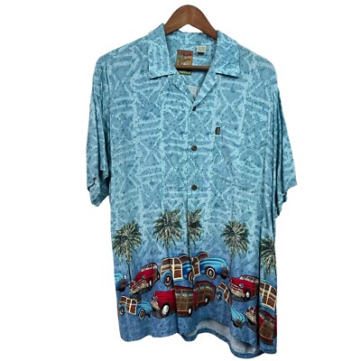 Pineapple Connection Mens Blue Hawaiian Woody Wagon Cars Button Up Shirt Size M
