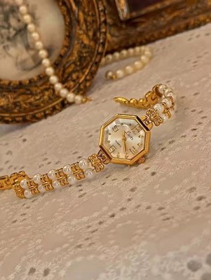 Women s Dainty Watch Vintage Style Stainless Steel Octagon Case Pearls Bracelet