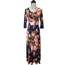 Tea N Rose Navy Pink Floral 3/4 Sleeve Maxi Dress AD63292 Small