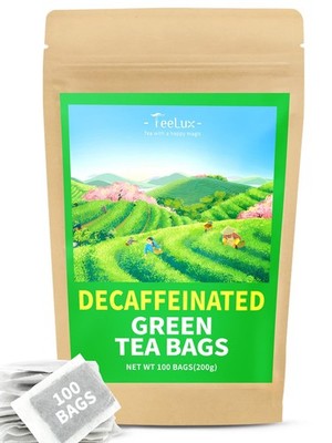 TeeLux Decaf Green Tea Bags, CO2 Decaffeinated Steamed 100 Count (Pack of 1)