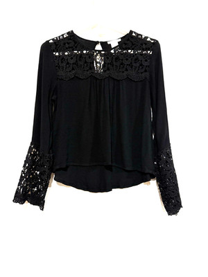 Crochet Cropped Top Woman S Whimsygoth Bell Sleeve Eyelets Keyhole Witchy Black
