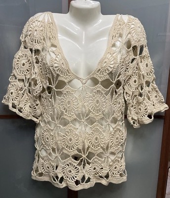 Vintage Beige Crotchet Knit Top Tunic Boho Cottage Coastal Fairy Hippie Granny