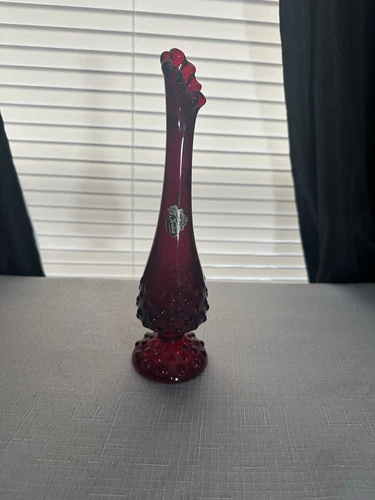 Vintage Fenton Ruby Red Glass Hobnail Swung Bud Vase 9”