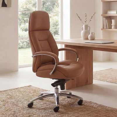 FineBuy Bürostuhl Caramel Chefsessel Echtleder Ergonomisch XXL Drehstuhl 120 kg