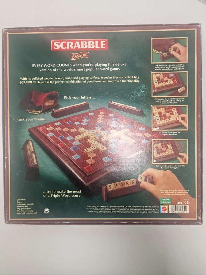 Scrabble Deluxe Wooden Tiles Rotating Board Velvet Bag Mattel 2000 - Image 2 of 4