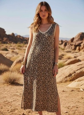 Damen Midi Maxikleid Sommerkleid Lurex Glitzer goldfarbig Leopard  Gr. 36 40 42