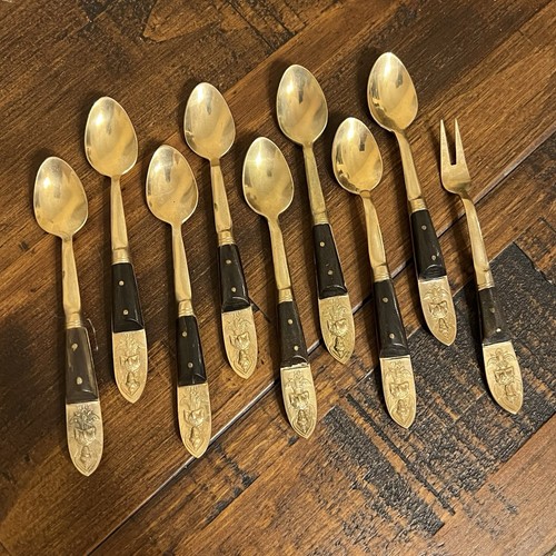 Vintage 9er Set - Siam 5" Löffel + Käsegabel Messing Buddha Besteck