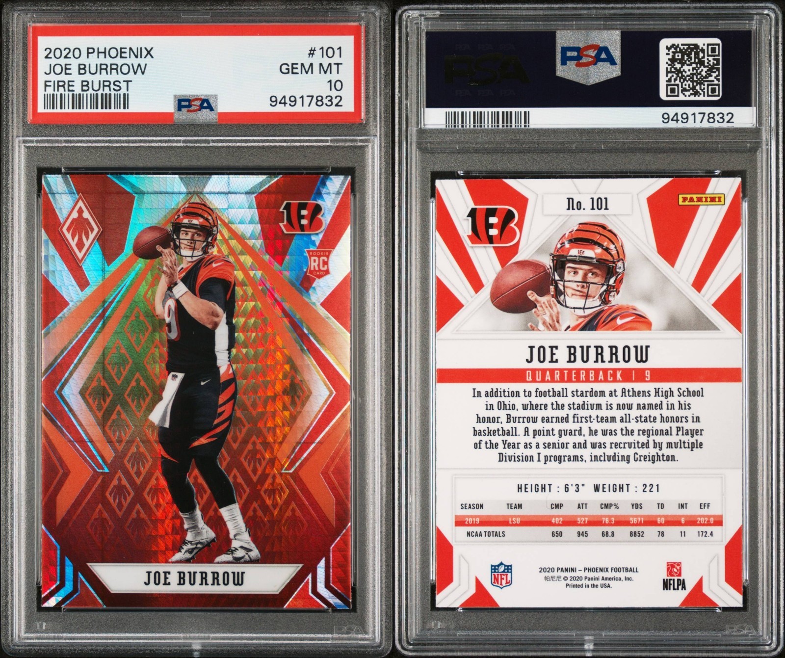 2020 Panini Phoenix 101 Joe Burrow RC Fanatics Exclusive Fire Burst Prizm PSA 10 view 3