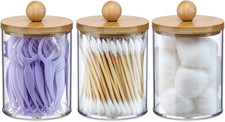 3 Pack Qtip Holder Dispenser with Bamboo Lids - 10 Oz Clear Plastic Apothecary J