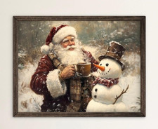 Vintage Santa  Snowman Christmas Wall Art   Cozy Winter Forest Holiday Decor