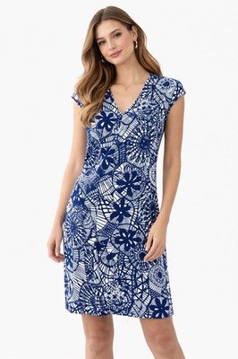 Tory Burch Cap Sleeve V-Neck Dress  Baltic Sea Dream Catcher Print  XS