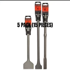 5 PACK-  Thinset Removal Bit - 3 Piece SDS Max Chisel Set (15 TOTAL PIECES)