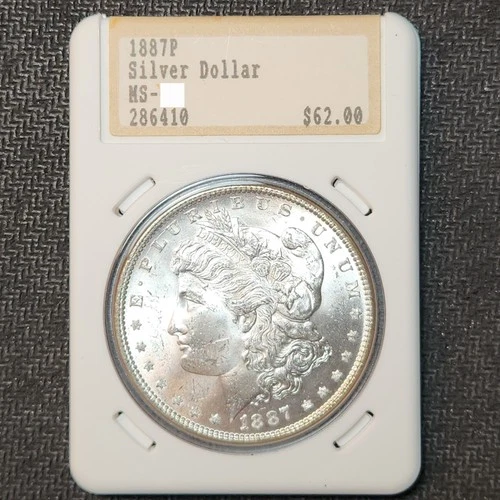 1887 P Morgan Silver Dollar - Vintage Hannes Tulving Holder, BU UNC Slab-8778F