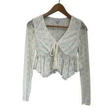 Love Fire Lace Tie Front Peplum Top Ivory Long Sleeve Feminine Romantic XS