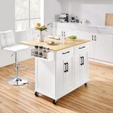 Rolling Kitchen Island Cart Drop Leaf 49" Width on Wheels with Storage Cabinet