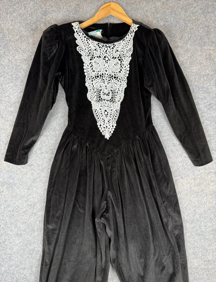 Винтажное женское платье-комбинезон Sprouts от Vicky Vaughn 5/6 велюр 70-е 80-е США кружевное - Изображение 2 из 4