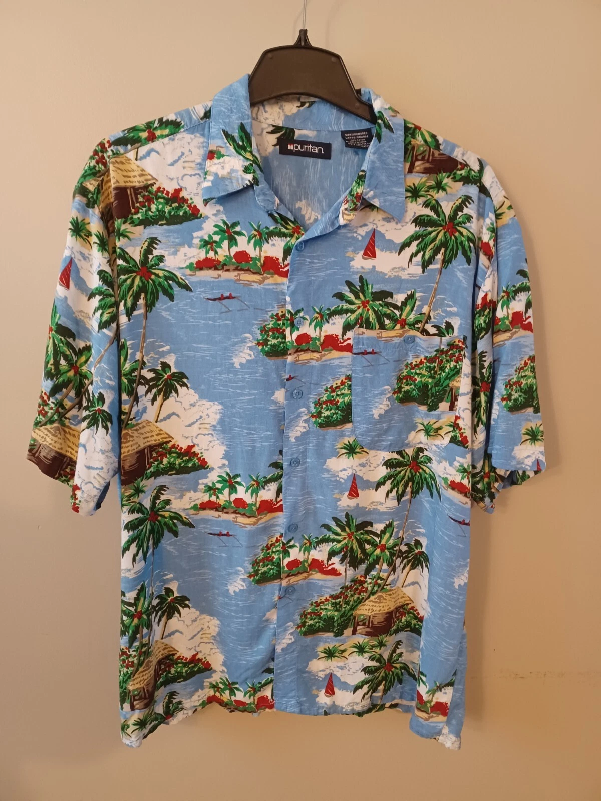Puritan Tropical TIKI Hut Beach Rayon Hawaiian Shirt Size Large