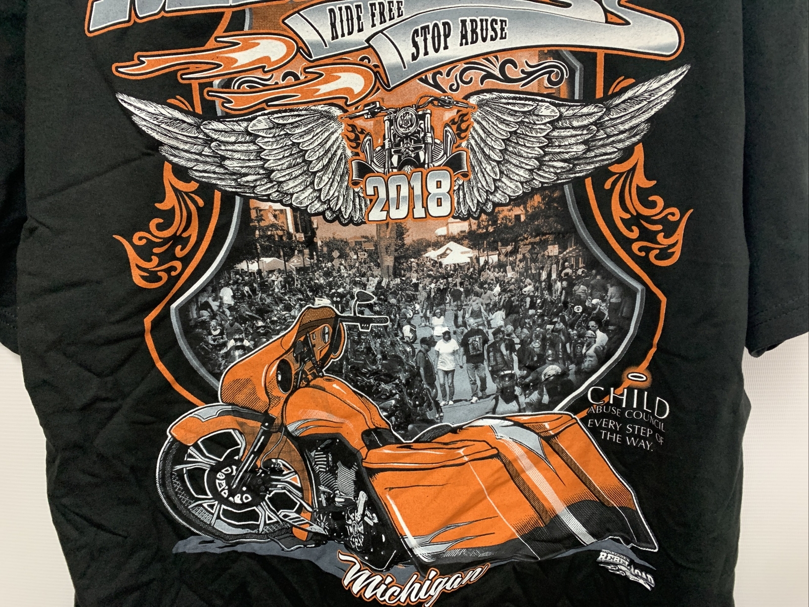 Mens Large Black 2018 Muskegon&rsquo;s Rebel Road T Shirt Michigan Stop abuse Ride