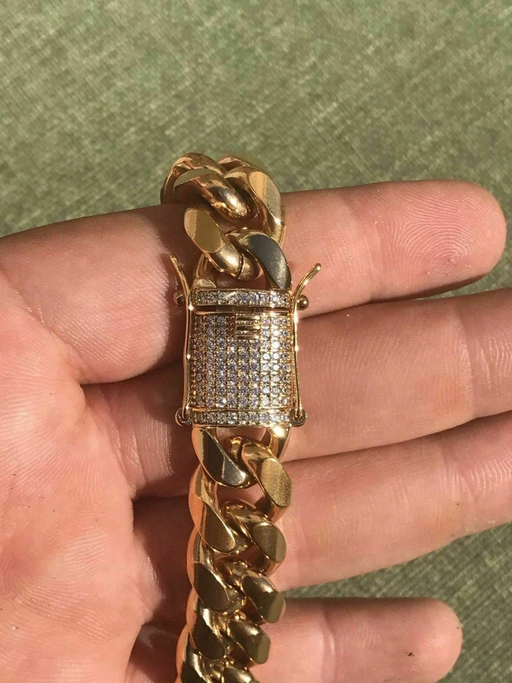 Pulseira masculina cubana Miami Link 14 mm de espessura aço inoxidável folheada a ouro 18k fecho CZ - Imagem 4 de 4