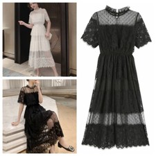 Lace Mesh Women Dress Sheer Floral Midi Short Sleeve Hollow Out Splice