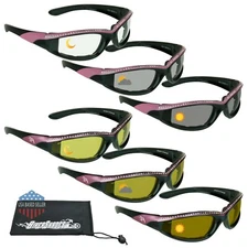 Womens Day Night Transitional Motorcycle Sunglasses Rhinestone Wrap Foam Cushion