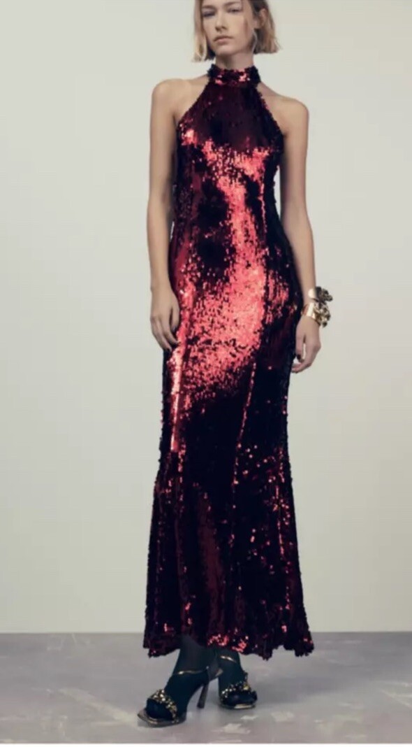sequin halter neck dress zara ZARA NWT WOMAN SEQUIN HALTER MIDI DRESS BURGUNDY | 5063/806/606
