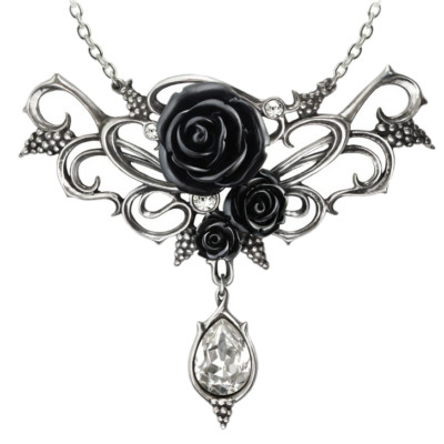 ALCHEMY BACCHANAL BLACK ROSE NECKLACE PENDANT Wine Grape Vines Austrian Crystal