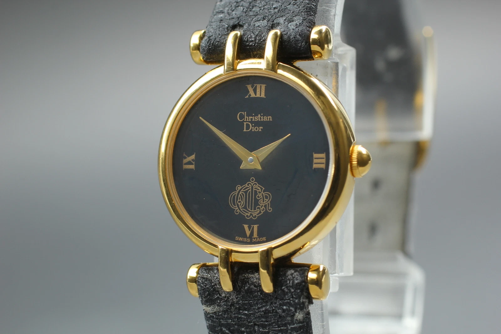 [Exc+5] Montre Femme Vintage Christian Dior 3038 Paris Cadran Noir Or Quartz 